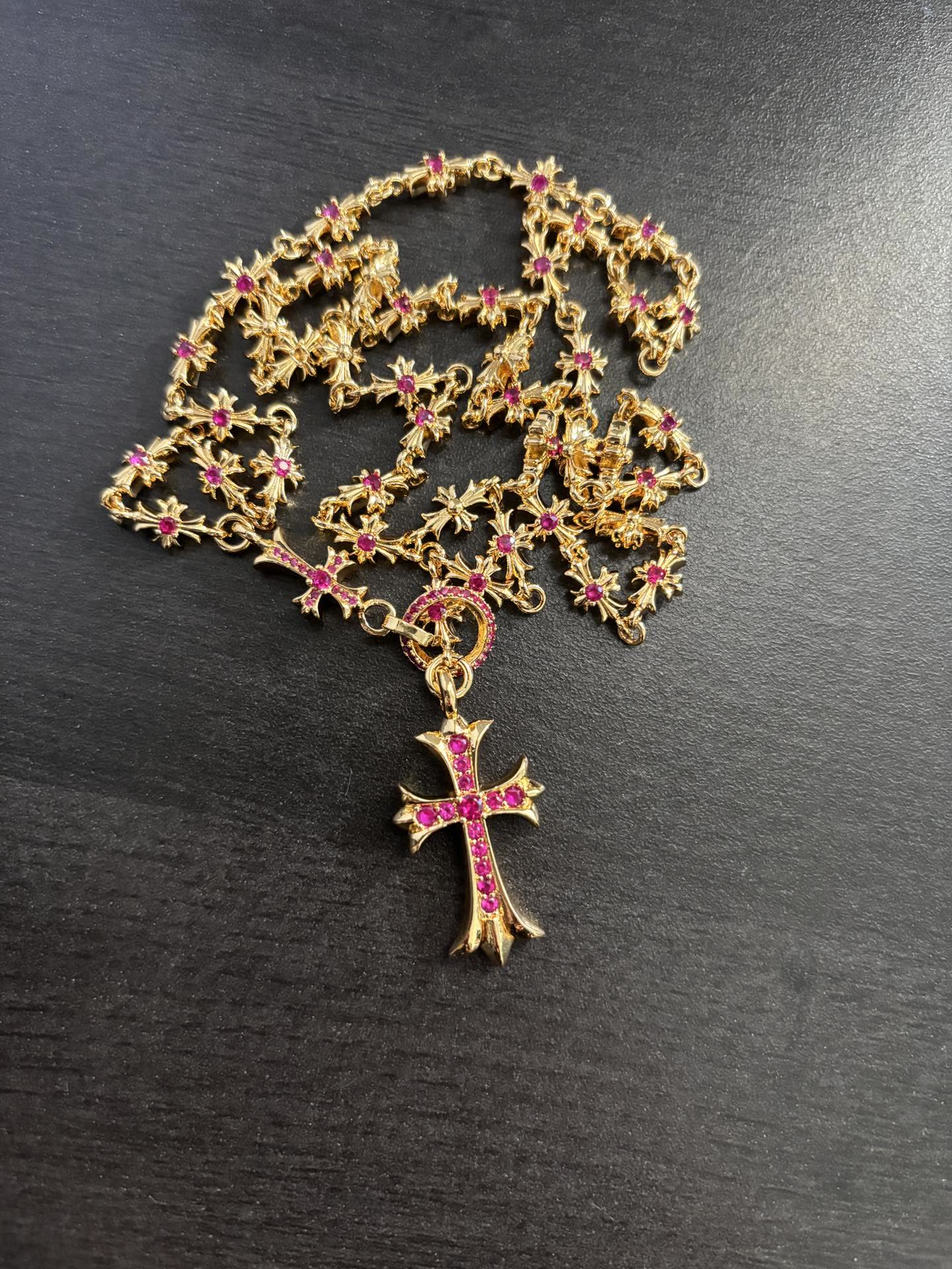 Chrome Hearts Gold Plated Rosary Necklace with Gemstone Cross